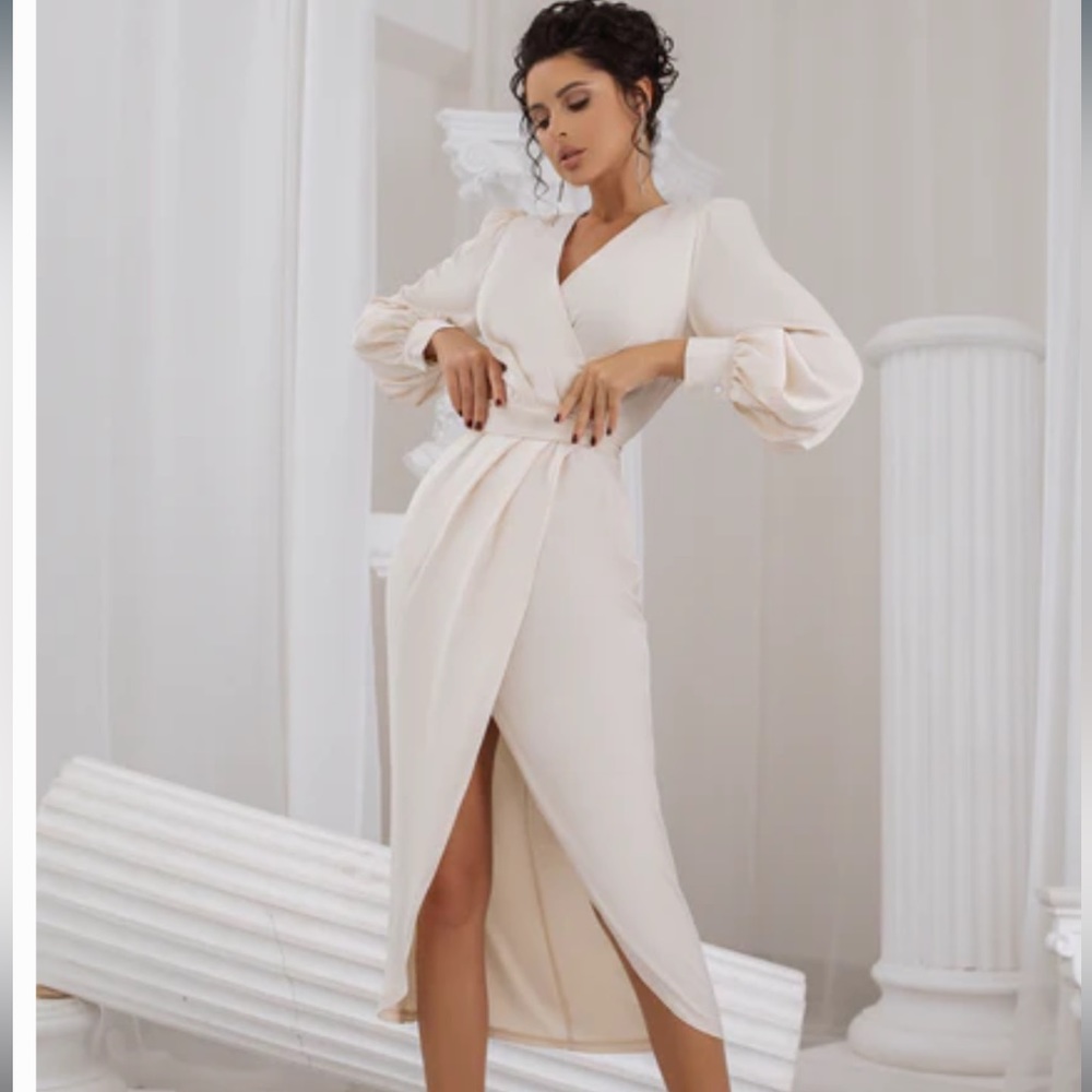 Beige Wrap Long Sleeve Midi Dress